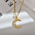 Elegant gold moon pendant necklace with white enamel and cubic zirconia stones - White
