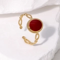 Vintage gold plated adjustable ring with red round enamel detail in bohemian style - Burgundy