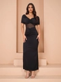 Elegante zwarte avondjurk met V-hals, mesh patchwork en geplooide details voor dames - XS / Zwart