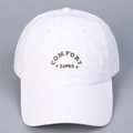 Detail of white cotton baseball cap showing Comfort Zones embroidery and six-panel design - M (56-58cm) / White