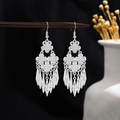 Vintage silver tassel earrings featuring hollow floral designs and geometric diamond charms - Floral Hollow Rhombus Long Tassel Style (E1525-5)