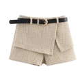 Detail of tweed skort with overlapping front, fringe edges and black belt with golden buckle - S / Culotte Pants