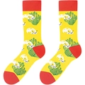Detail of yellow cotton socks featuring green cactus and white cat knitted patterns - One Size / Yellow Cactus Cat (A1829)