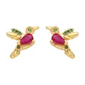 Exquisite golden hummingbird stud earrings with vibrant pear-cut pink and green gemstones - Hummingbird Shape