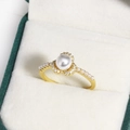 Elegant gold pearl flower ring with zircon stones and micro pearls on the band - Single Artificial Pearl Flower Cluster (Gold 17)