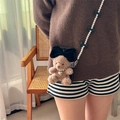Brown plush teddy bear phone case with black bow and pearl crossbody chain strap - Large Black Bow Brown Bear Phone Back Clip