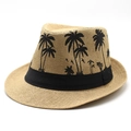 Strohhut mit schwarzen Palmenmustern und elegantem Dekoband für den Sommer - M (56-58cm) / Khaki
