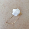 Elegant white satin rose brooch with golden hollow leaf and long chain for suits - Off-White