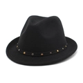 Chapeau fedora en laine noire pour femmes avec ruban décoratif à rivets métalliques chic - M (56-58cm) / Noir