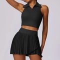 Women's black athletic set featuring a slim sleeveless polo top and pleated tennis skirt - S / Premium Black