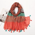 Ethnic bohemian cotton linen scarf with red geometric patterns and tassels - XB1005-03 Colorful Geometric Rhombus Tassels