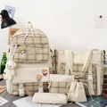 Ensemble de 5 sacs à dos en toile beige à carreaux avec joli porte-clé en peluche - Kaki
