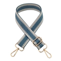 Detail of adjustable blue and beige herringbone woven bag strap with gold metal hardware - Gold Buckle / Blue