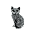 Vintage silver cat brooch with textured metal finish and black inlaid eyes on white background - Antique Silver (D060-B)
