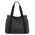 Grande borsa tote in tela nera con tasche laterali e bottone a pressione in bronzo - Nero