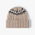 Striped jacquard knit beanie in khaki with black and white Fair Isle pattern - Khaki (23B071)