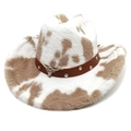 Detail of cow print western hat with silver bull head emblem and studded leather band - M (56-58cm) / Straight Top / Khaki