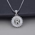 Silver letter R necklace pendant with sparkling cubic zirconia on a round charm - Letter R / Silver
