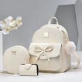 Cream white PU leather backpack 3-piece set with elegant bow and pink plush charm - Off White
