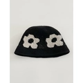 Handgefertigter schwarzer Häkel-Fischerhut mit weißen Blumenmustern und Vintage-Look - Mittlere Blume Schwarz / M (56-58cm)
