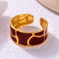 Elegant wide 18k gold plated open ring with vintage deep red enamel organic patterns - Adjustable Open / Wide Gold Red Pattern (JR843-GR)