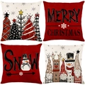 Close-up of four Christmas linen pillow covers with festive snowman and reindeer patterns - TQYM60-40 Christmas Series H