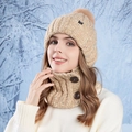 Winter knitted hat and buttoned neck warmer set in beige marl yarn with faux fur pom - Khaki