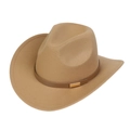 Detail of khaki felt cowboy hat with dark brown leather band and gold metal buckle - M (56-58cm) / 165 Series-Rectangular Metal Buckle / Camel
