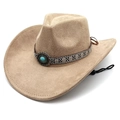 Western cowboy hat in beige faux suede with ethnic turquoise band and chin strap - M (56-58cm) / Camel