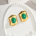 Pendientes hexagonales vintage de acero inoxidable bañado en oro de 18K con piedras verdes - Stud aretes
