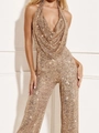 Goldener Pailletten-Jumpsuit mit Neckholder und V-Ausschnitt für Damen Partykleidung - XS / Gold
