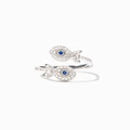 Verstelbare S925 zilveren open ring met dubbele vis en blauwe en witte zirkonia steentjes - Amerikaanse Maat 7 Verstelbaar / Witgoud
