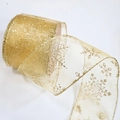 Sheer gold chiffon ribbon with glittering snowflake prints for Christmas decor - 6.3CM Gold Snowflake on Yellow Base Length 9m