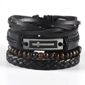 Detail of multi-layer leather bracelet featuring woven cords, wood beads, and a cross charm - TZ4-A02 Metal Cross