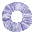 Detailed close-up of lilac satin scrunchie with silky luster and elastic folds texture - Lavender