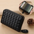 Black woven leather card holder with large capacity and multi-slot zipper design - 18 Card Slots + 2 Coin Slots / Black