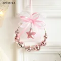 Roze kersthanger met ster, discoballen en strik, afmetingen circa 13x13,5 cm - Roze Strik Krans Hanger