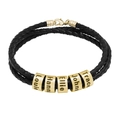 Bracelet pour homme en cuir tressé noir avec perles dorées personnalisables - 1 Perle Dorée / Perle Dorée et Corde Noire