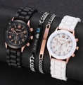 Couples quartz watch set with black and white silicone bands and engraved metal bracelets - Her King & His Queen Bracelets / Black and White Watch + Bracelet