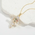 Collier croix dorée avec pierres zircons œil maléfique colorées sur socle en pierre blanche - Croix Mauvais Œil (XL3252-4)