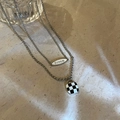 Silver double-layer necklace with Dream engraving and black-white checkerboard pendant - Silver Checkerboard Dream Style