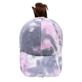 Detail of tie-dye baseball cap with distressed finish and functional ponytail opening - Gray and Purple Tie-dye