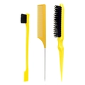 3-piece yellow hair styling comb set with edge control brush and metal tail comb - Fine-tooth Yellow