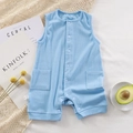 Light blue sleeveless baby romper in ribbed cotton with button closure and dual pockets - 66CM / Light Blue