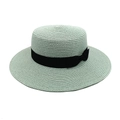 Detail of mint green straw sun hat featuring intricate woven texture and black satin ribbon - M (56-58cm) / Mint Green