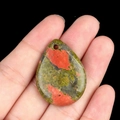 Handheld waterdrop-shaped natural agate pendant with red and green mottled texture - Unakite