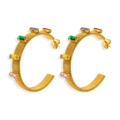 Golden C-shaped hoop earrings with colorful baguette-cut zircons and spiral texture - Colorful Zirconia