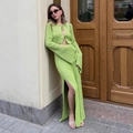 Completo in maglia a coste verde con cardigan a lacci e gonna lunga con spacco laterale - S / Verde