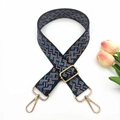 Close-up of geometric woven shoulder strap in blue and pink with gold metal hardware - Silver Clasp / Interwoven Stripes