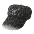 Detailed view of leopard print baseball cap with rhinestone bow and distressed details - M (56-58cm) / Gray